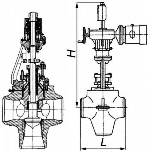 1035-250/300-Э Клапан запорно-дроссельный угловой сальниковый